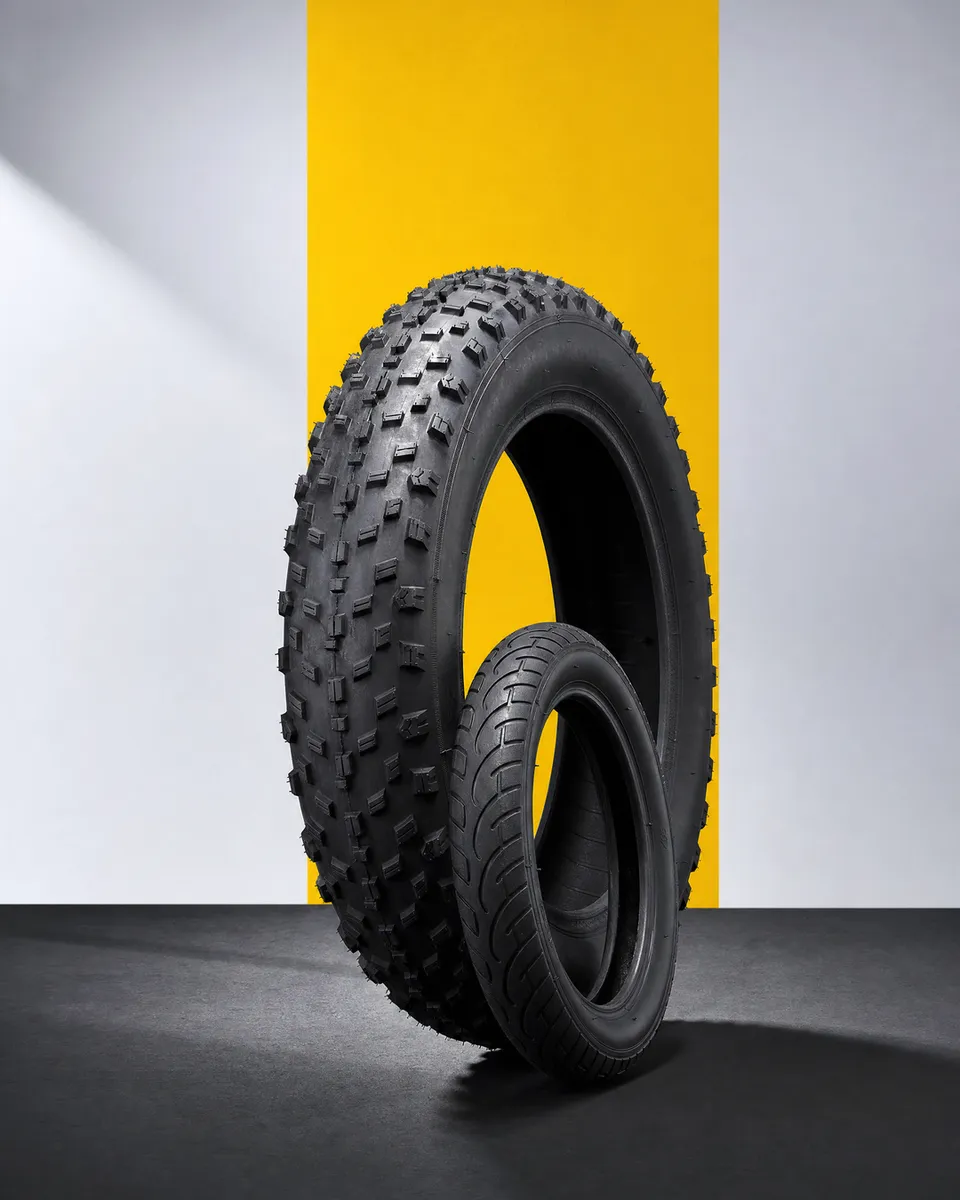 Fatbikeband 20x4.0 en een e-stepband voor een geel vlak in de studio